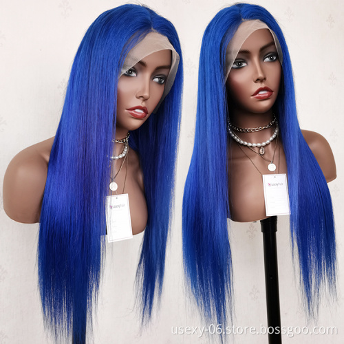 Colourful glueless virgin cuticle aligned lace frontal wigs wholesale 13x6 human hair hd lace front wigs brazilian hair blue wig
